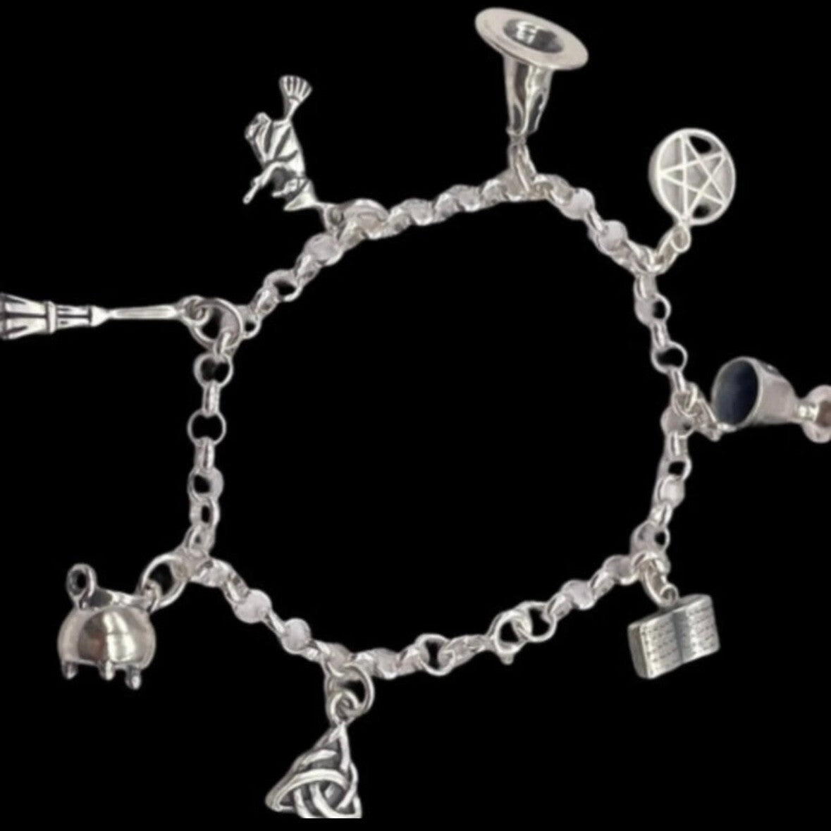 925 Sterling Silver Pagan and Wiccan Charm Bracelet with 8 individual 925 Sterli