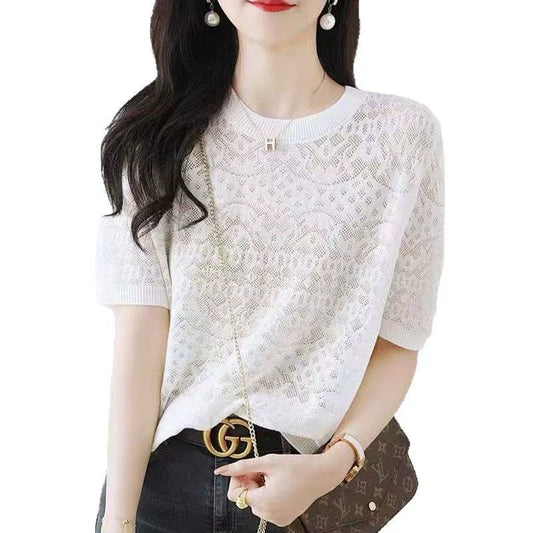 2025 Ladies' hollowed out ice silk T-shirt summer thin casual white short sleeved top*
