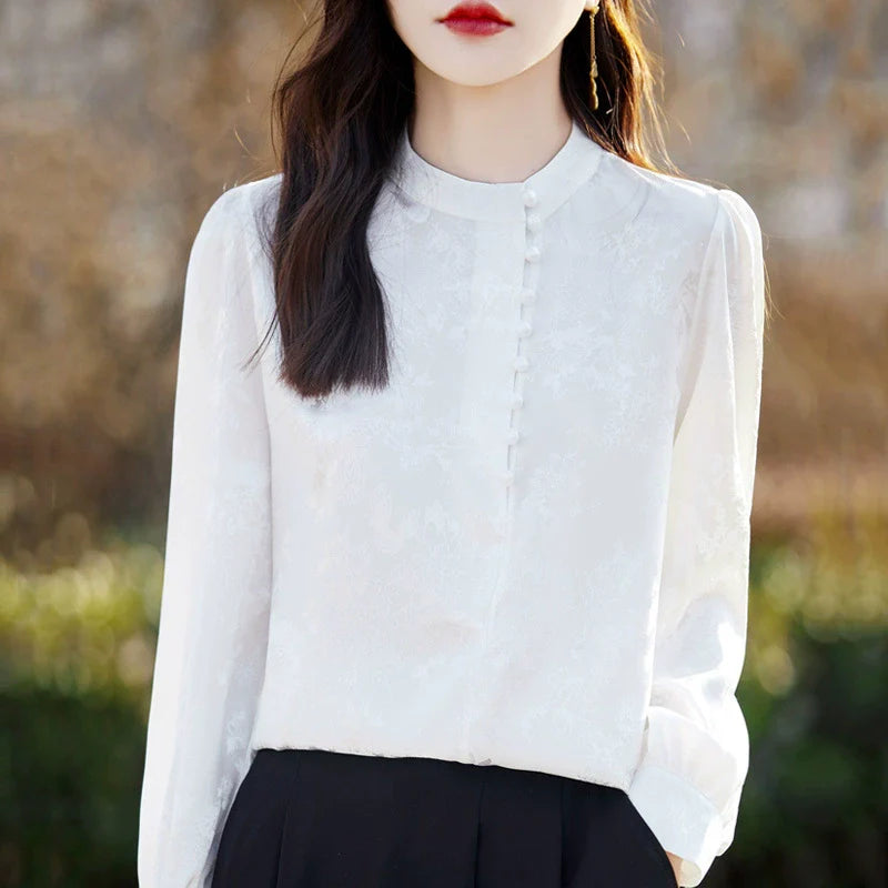 2025 Retro pearl button stand up collar shirt, women's pullover, long sleeved, new Chinese silk satin*