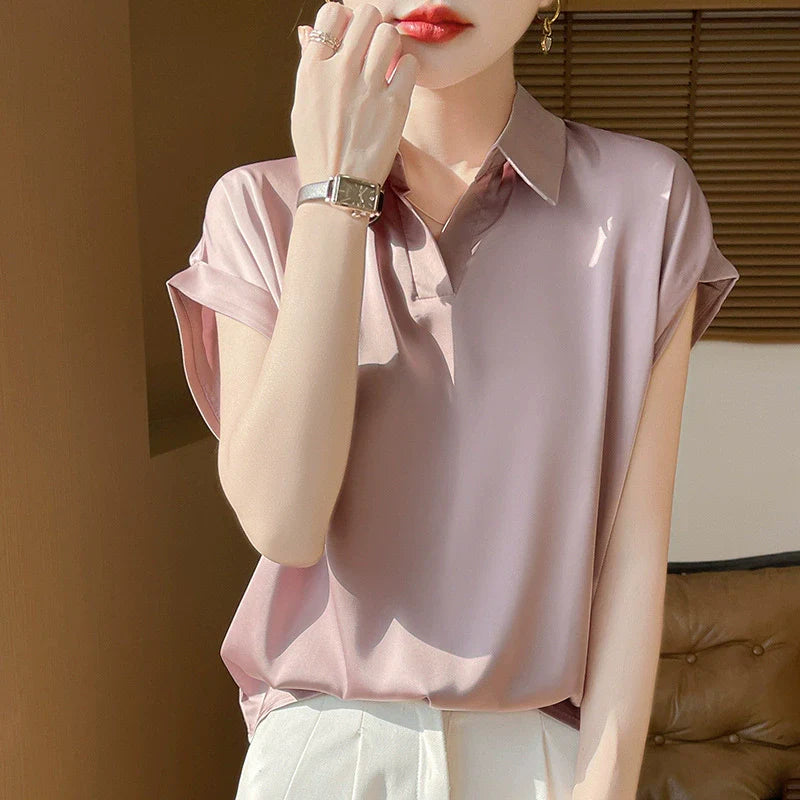 2025 New satin short sleeved shirt for women, casual, fashionable and versatile French shirt*