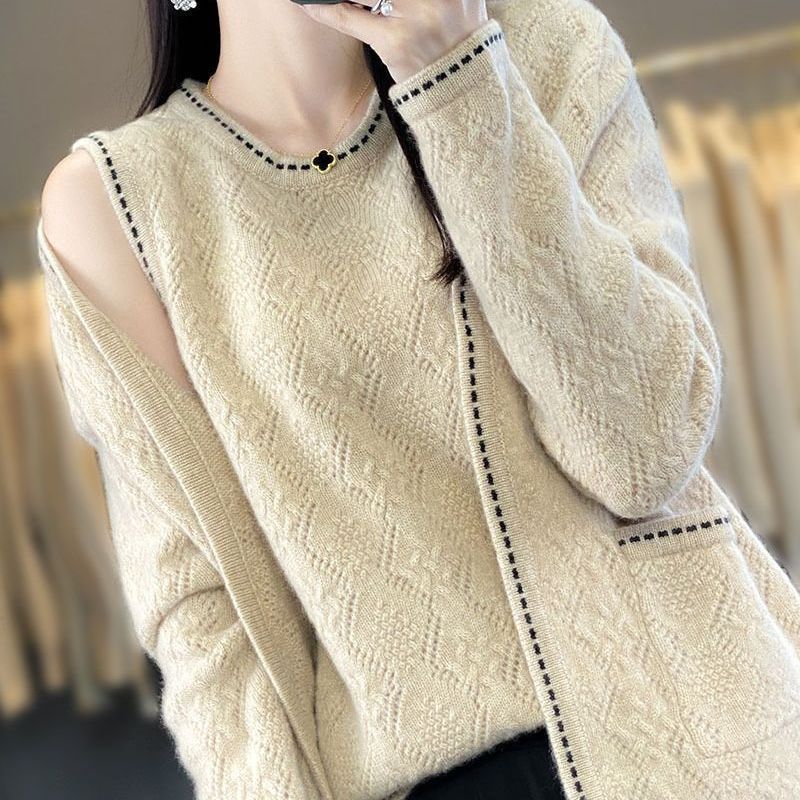 2025 New handmade crochet top with 100% wool sweater loose vest cardigan two-piece sweater set*