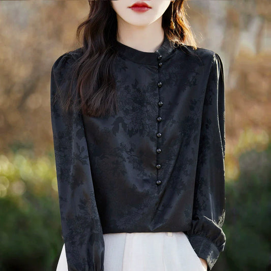 2025 Retro pearl button stand up collar shirt, women's pullover, long sleeved, new Chinese silk satin*