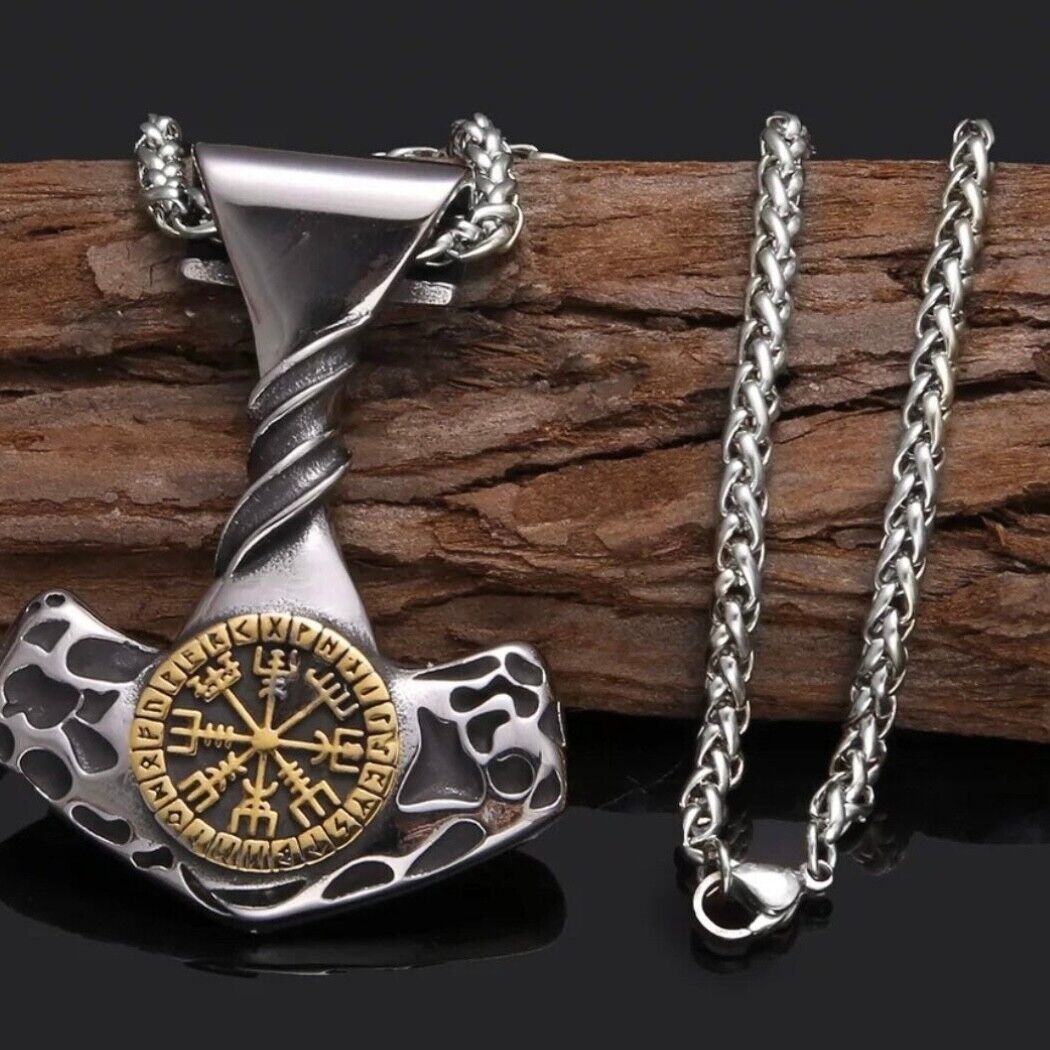 Nordic Viking Stainless Steel Compass Rune Thor Hammer Pendant Necklace*