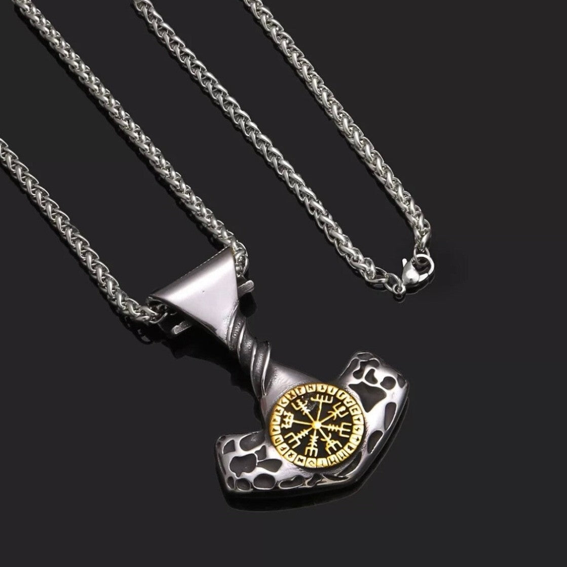 Nordic Viking Stainless Steel Compass Rune Thor Hammer Pendant Necklace*