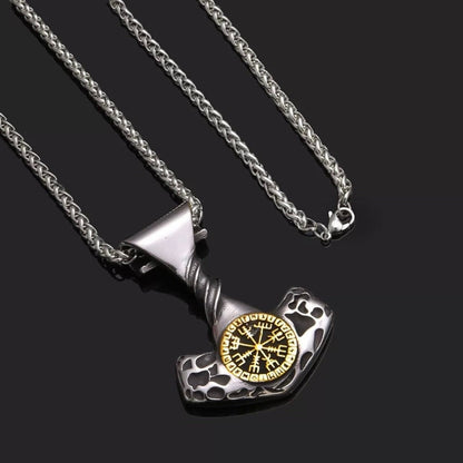 Nordic Viking Stainless Steel Compass Rune Thor Hammer Pendant Necklace*