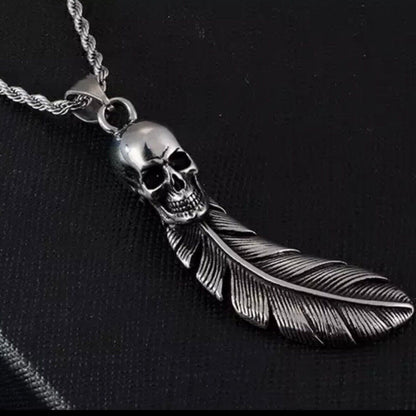 Feather Skull Stainless Steel Pendant Necklace