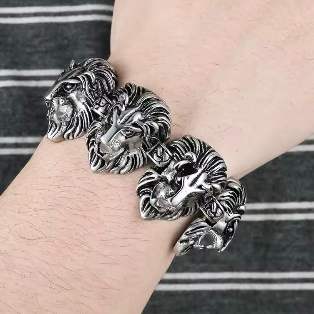 Bikers Multi Lion Head Stainless Steel Chain Bracelet*