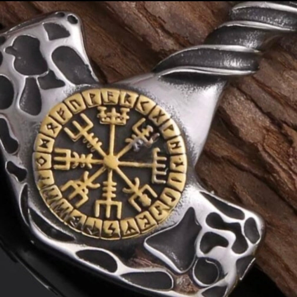 Nordic Viking Stainless Steel Compass Rune Thor Hammer Pendant Necklace*