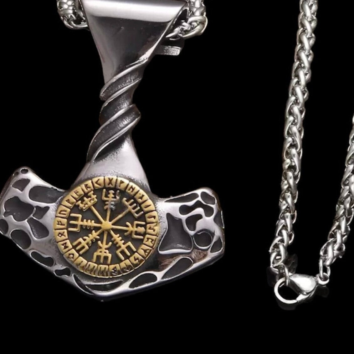 Nordic Viking Stainless Steel Compass Rune Thor Hammer Pendant Necklace*