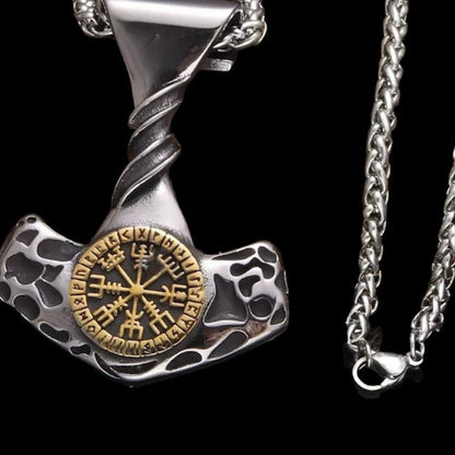 Nordic Viking Stainless Steel Compass Rune Thor Hammer Pendant Necklace*
