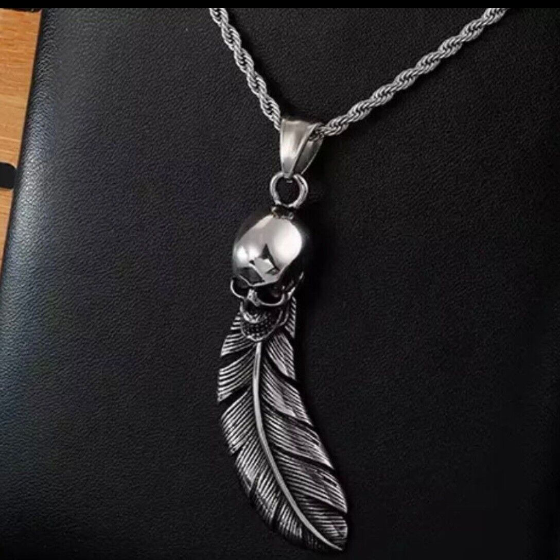 Feather Skull Stainless Steel Pendant Necklace 9