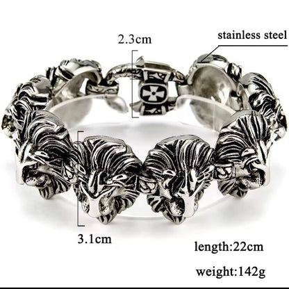 Bikers Multi Lion Head Stainless Steel Chain Bracelet*