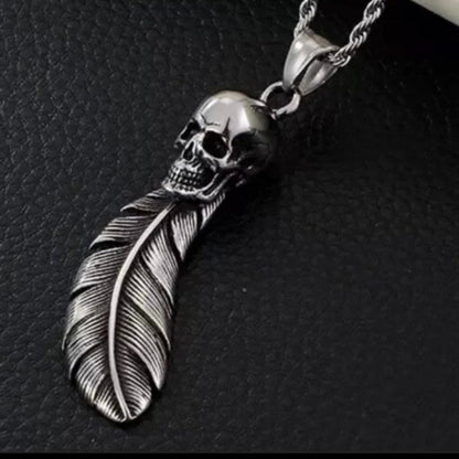 Feather Skull Stainless Steel Pendant Necklace