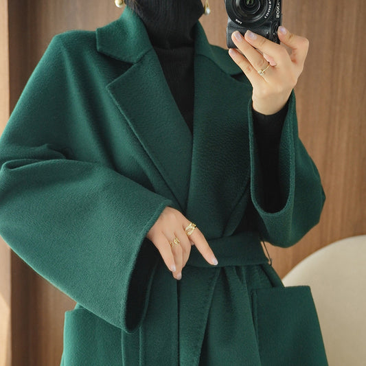 Long and Loose Double-Faced Cashmere Coat with Korean Style Tie-Up Wool Jacket