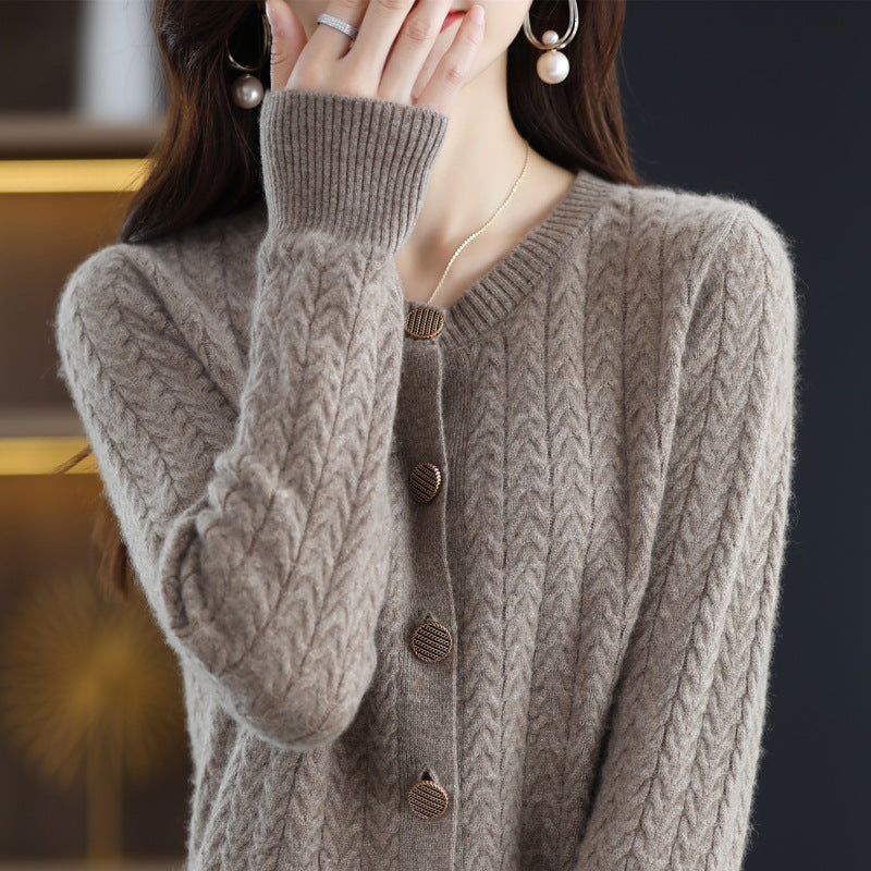 2025 New 100% wool round neck Fried Dough Twists metal button cardigan solid loose knit versatile top*