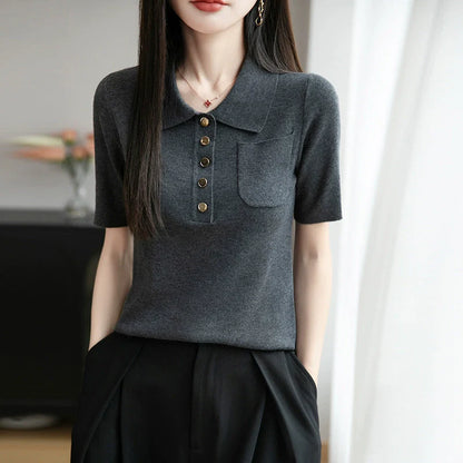 2025 New Ice Silk Polo Collar Knitted Shirt Short Sleeve Women's T-shirt*