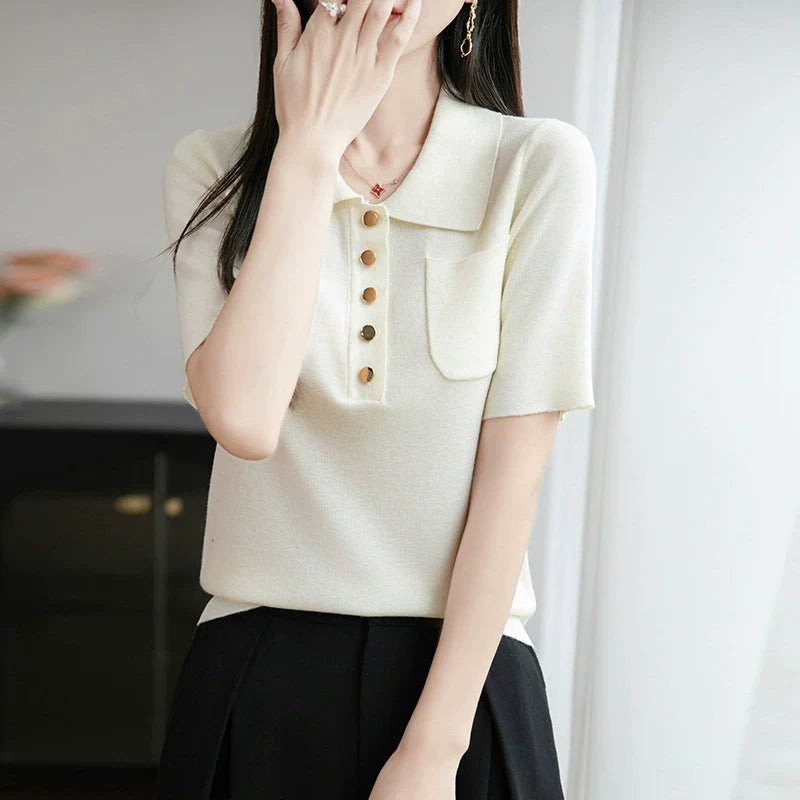 2025 New Ice Silk Polo Collar Knitted Shirt Short Sleeve Women's T-shirt*