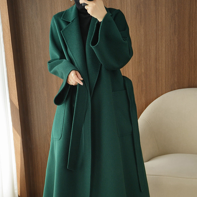 Long and Loose Double-Faced Cashmere Coat with Korean Style Tie-Up Wool Jacket