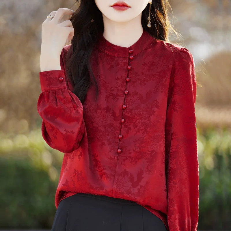 2025 Retro pearl button stand up collar shirt, women's pullover, long sleeved, new Chinese silk satin*