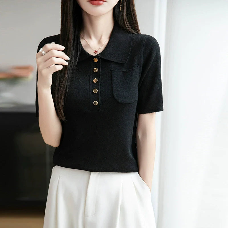 2025 New Ice Silk Polo Collar Knitted Shirt Short Sleeve Women's T-shirt*