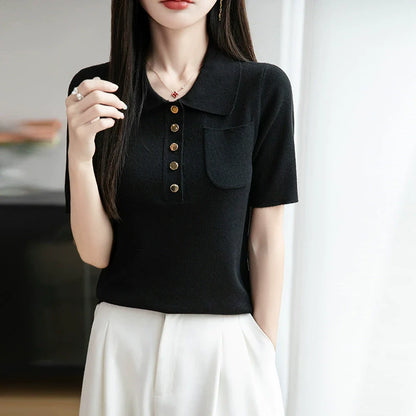 2025 New Ice Silk Polo Collar Knitted Shirt Short Sleeve Women's T-shirt*