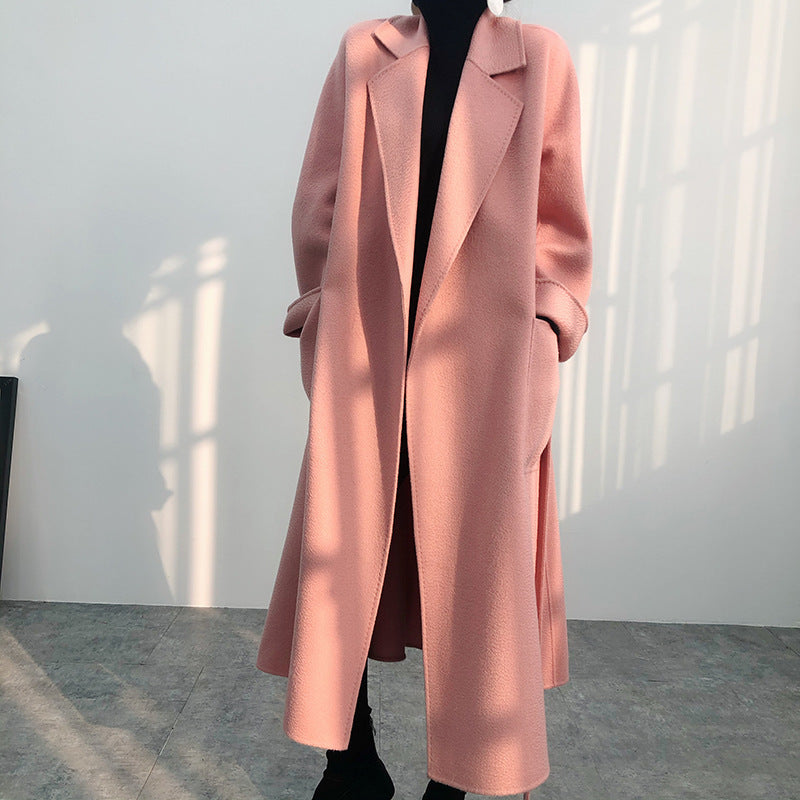 Long and Loose Double-Faced Cashmere Coat with Korean Style Tie-Up Wool Jacket