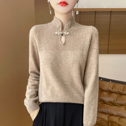 Woolen sweater, women's new Chinese style buttoned top, knitted sweater, Chinese style sweater, long sleeved base sweater