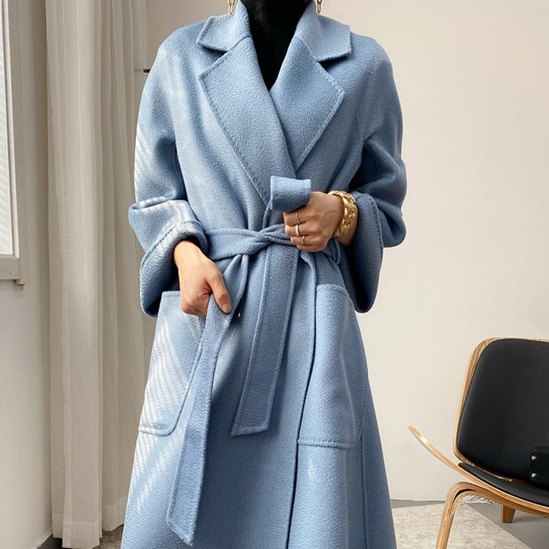 Long and Loose Double-Faced Cashmere Coat with Korean Style Tie-Up Wool Jacket