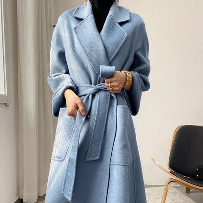 Long and Loose Double-Faced Cashmere Coat with Korean Style Tie-Up Wool Jacket