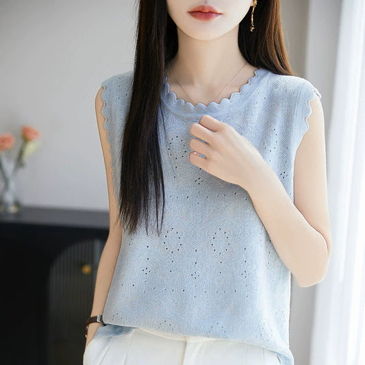 Women's woven wool lace round neck knitted vest with hollowed out jacquard sleeveless base sweater*