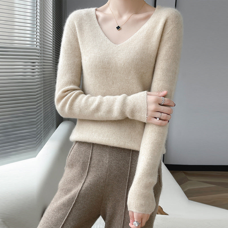 First line ready to wear seamless 100% pure wool sweater women's V-neck sweater with cashmere base knit sweater underneath