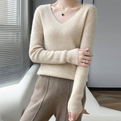 First line ready to wear seamless 100% pure wool sweater women's V-neck sweater with cashmere base knit sweater underneath