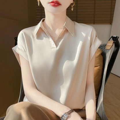 2025 New satin short sleeved shirt for women, casual, fashionable and versatile French shirt*
