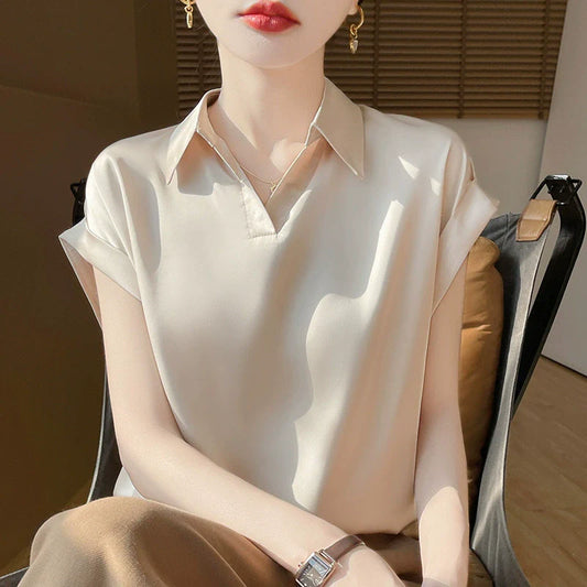 2025 New satin short sleeved shirt for women, casual, fashionable and versatile French shirt*