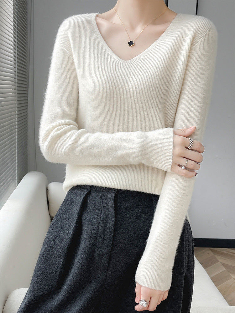 First line ready to wear seamless 100% pure wool sweater women's V-neck sweater with cashmere base knit sweater underneath