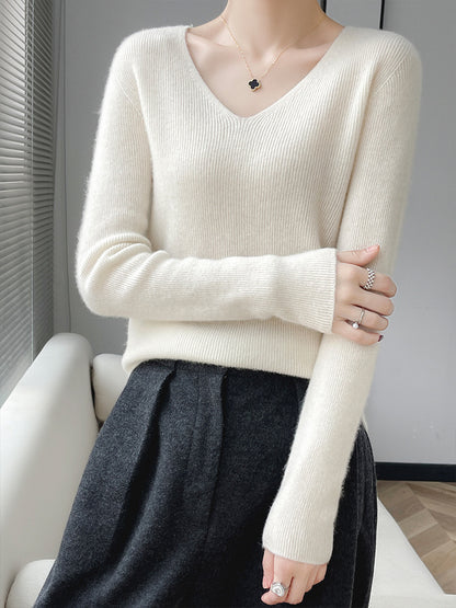 First line ready to wear seamless 100% pure wool sweater women's V-neck sweater with cashmere base knit sweater underneath