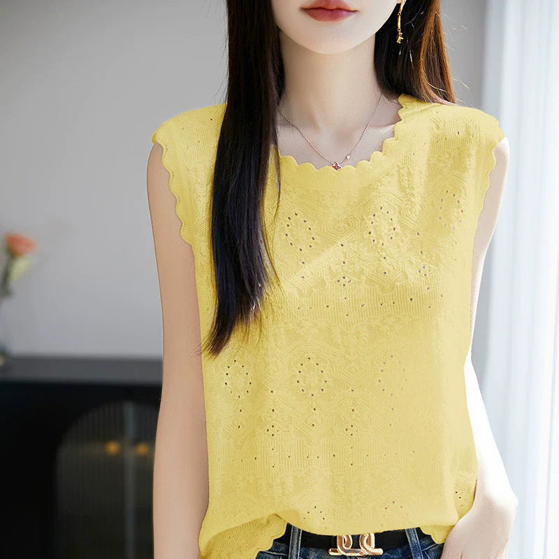 Women's woven wool lace round neck knitted vest with hollowed out jacquard sleeveless base sweater*