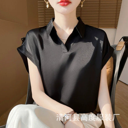 2025 New satin short sleeved shirt for women, casual, fashionable and versatile French shirt*
