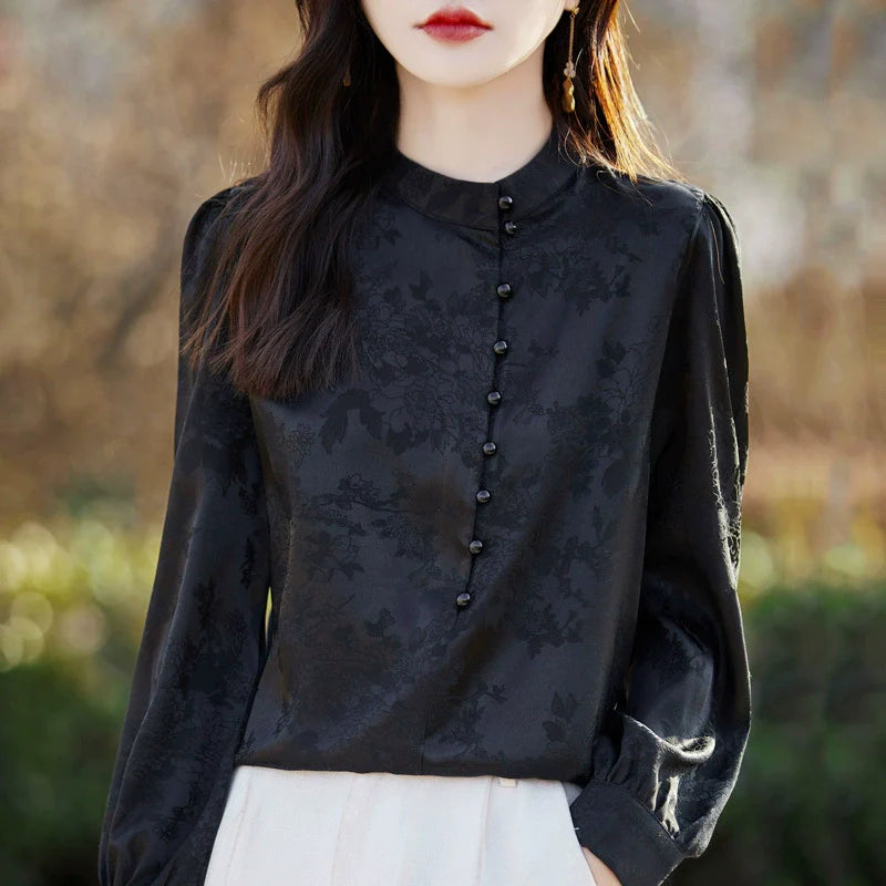 2025 Retro pearl button stand up collar shirt, women's pullover, long sleeved, new Chinese silk satin*