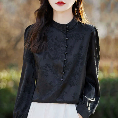 2025 Retro pearl button stand up collar shirt, women's pullover, long sleeved, new Chinese silk satin*