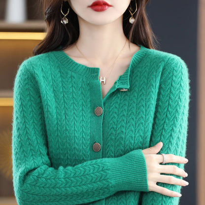2025 New 100% wool round neck Fried Dough Twists metal button cardigan solid loose knit versatile top*