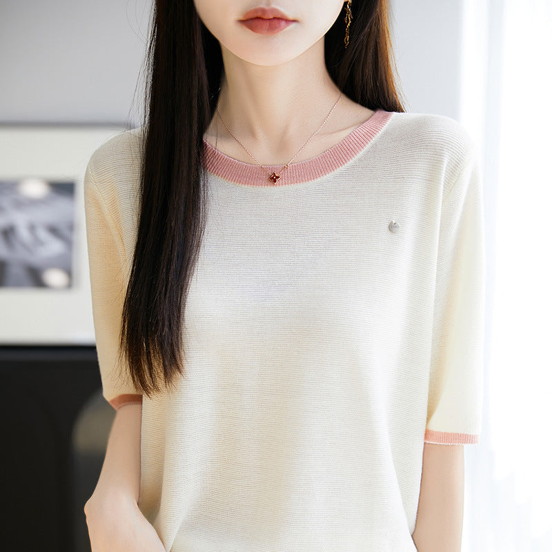 2025 Summer New Knitted Wool Round Neck Knitted Shirt Short Sleeve T-shirt Women's Color blocked Loose and Versatile Match*