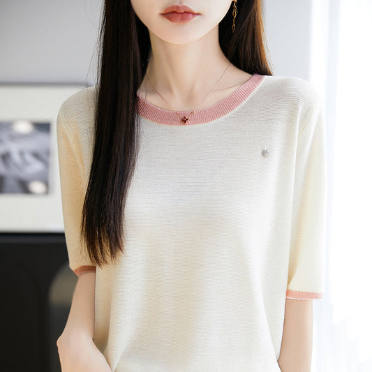 2025 Summer New Knitted Wool Round Neck Knitted Shirt Short Sleeve T-shirt Women's Color blocked Loose and Versatile Match*