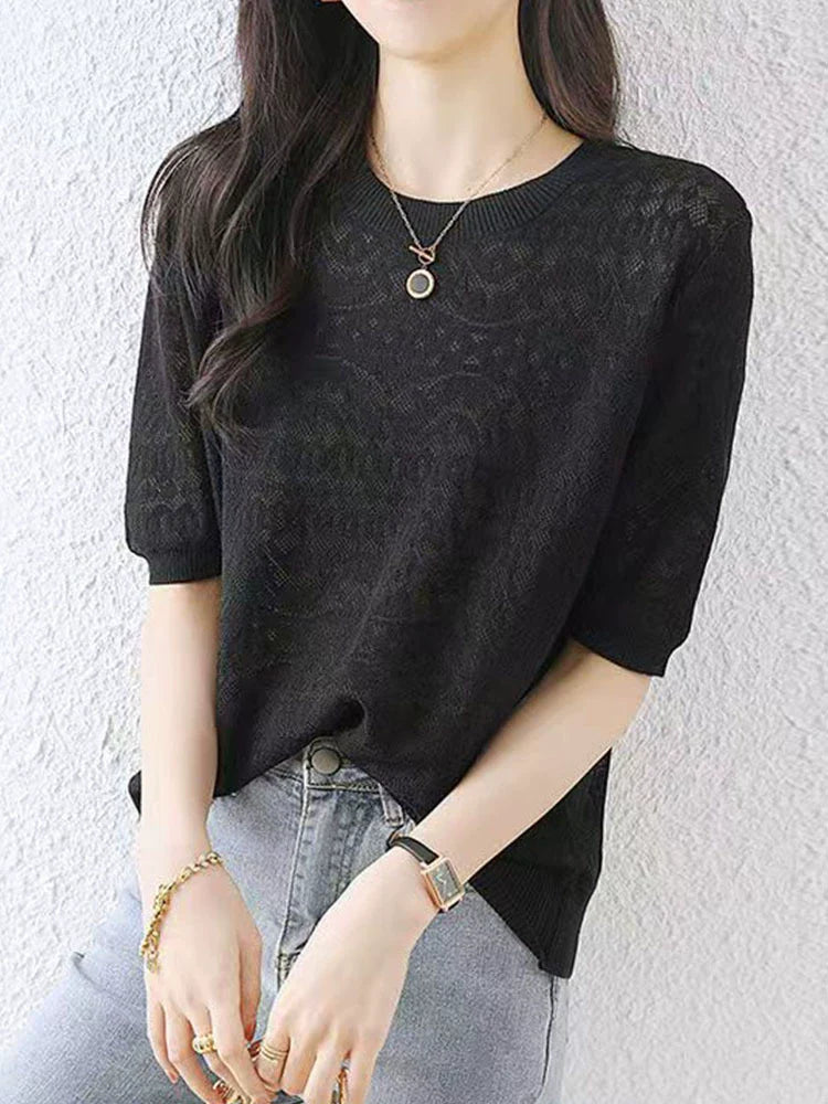 2025 Ladies' hollowed out ice silk T-shirt summer thin casual white short sleeved top*