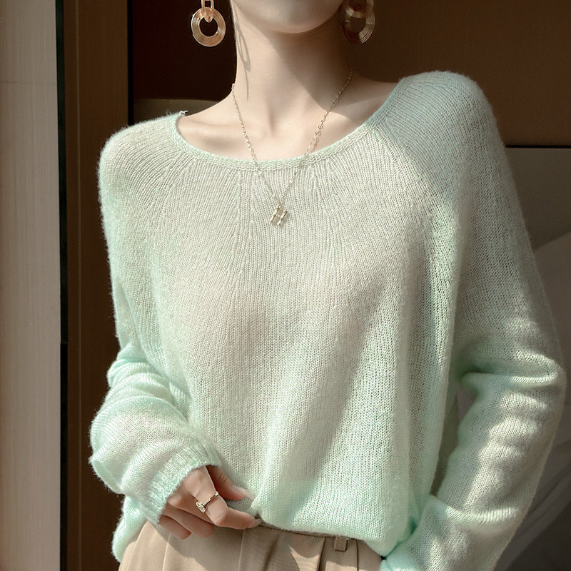 Women's seamless cashmere Tencel thin round neck loose and lazy sweater, wool knitted base sweater