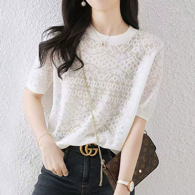 2025 Ladies' hollowed out ice silk T-shirt summer thin casual white short sleeved top*