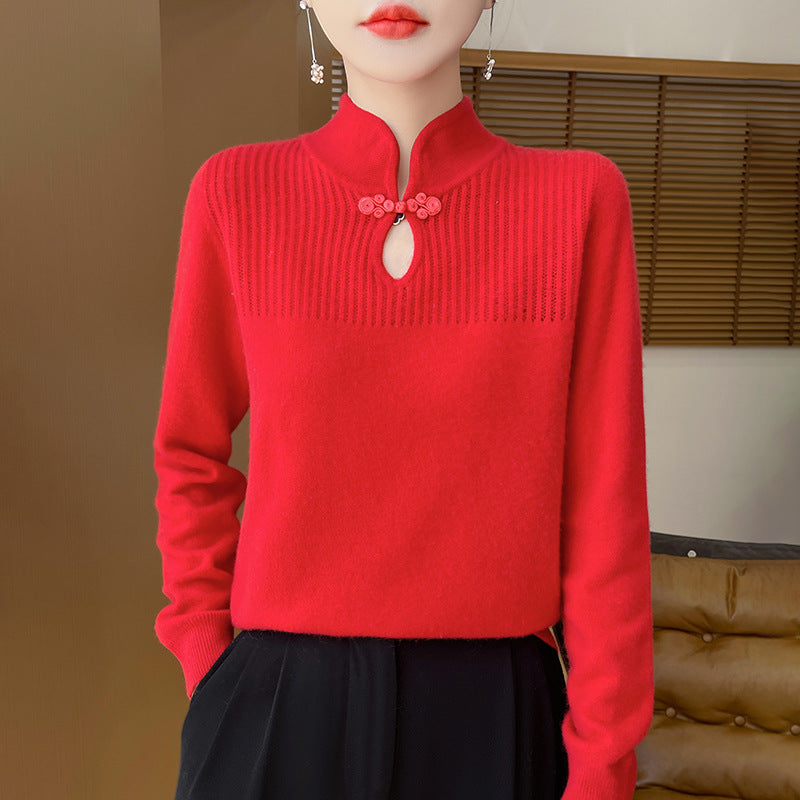 Woolen sweater, women's new Chinese style buttoned top, knitted sweater, Chinese style sweater, long sleeved base sweater