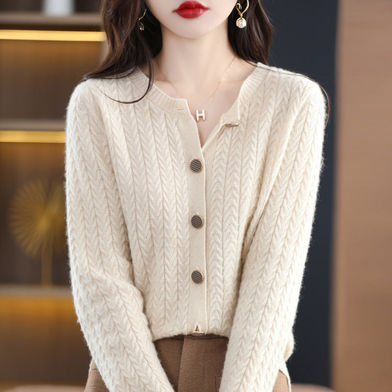 2025 New 100% wool round neck Fried Dough Twists metal button cardigan solid loose knit versatile top*