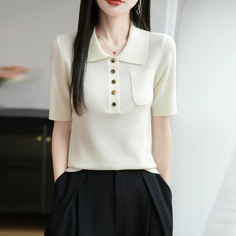 2025 New Ice Silk Polo Collar Knitted Shirt Short Sleeve Women's T-shirt*