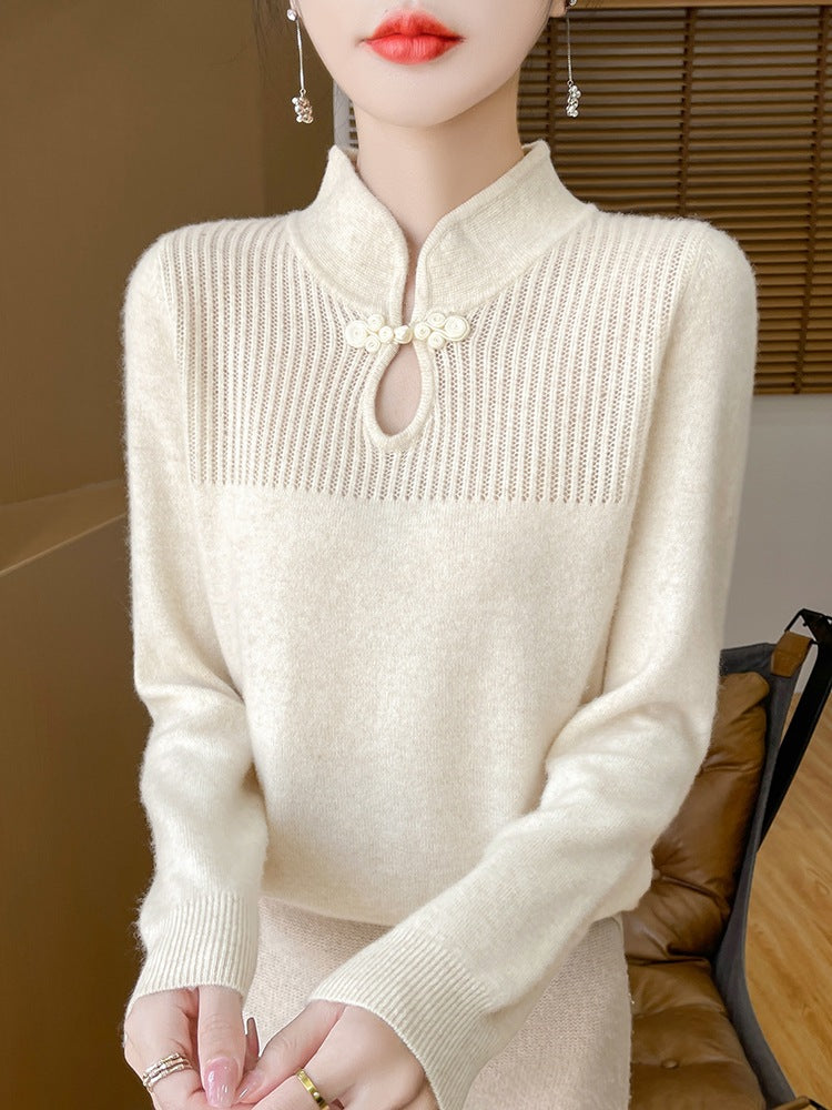 Woolen sweater, women's new Chinese style buttoned top, knitted sweater, Chinese style sweater, long sleeved base sweater
